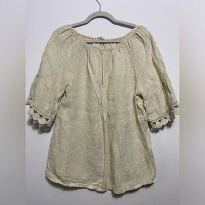 Terzo Millennio 100% Italian Linen Blouse Top Womens L Beige Crotchet